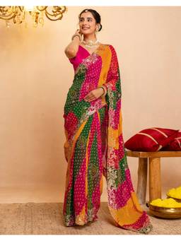 Nyri - Bandhani Printed Multi Color Georgette Saree
