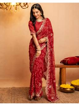 Nyri - Bandhani Printed Dark Red Georgette Saree