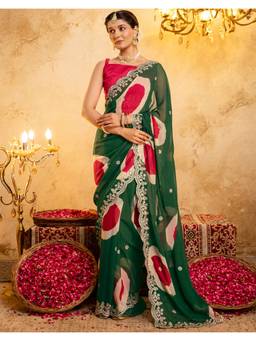 Nyri - Printed Dark Green Georgette Saree