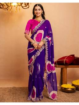 Nyri - Printed Purple Georgette Saree