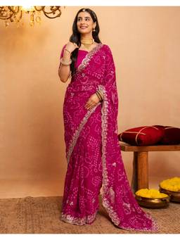 Nyri - Bandhani Printed Dark Pink Georgette Saree