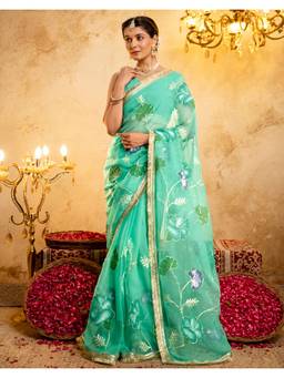Nyri - Printed Turquoise Tissue Silk Saree