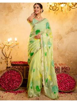 Nyri - Printed Light Pista Green Tissue Silk Saree