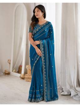 Nyri - Sequins Embroidery Peacock Blue Tissue Silk Saree
