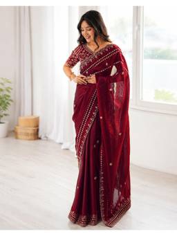 Nyri - Sequins Embroidery Dark Maroon Tissue Silk Saree