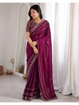 Nyri - Sequins Embroidery Dark Rani Pink Tissue Silk Saree