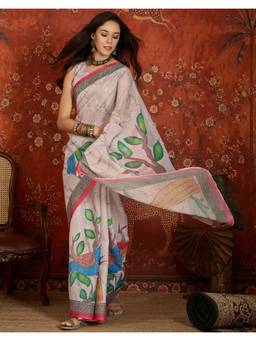 Nyri - Printed Dusty Beige Shimmer Linen Saree