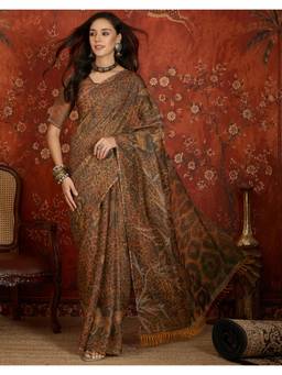 Nyri - Printed Brown Shimmer Linen Saree