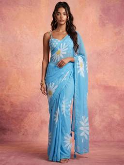 Nyri - Floral Printed Light Blue Georgette Pre Draped Saree