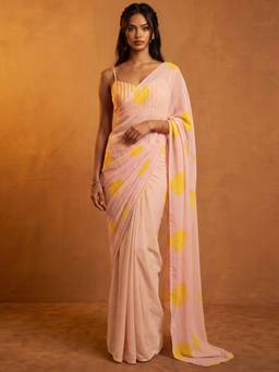Nyri - Printed Dark Cream Georgette Pre Draped Saree
