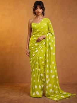 Nyri - Printed Lime Green Georgette Pre Draped Saree