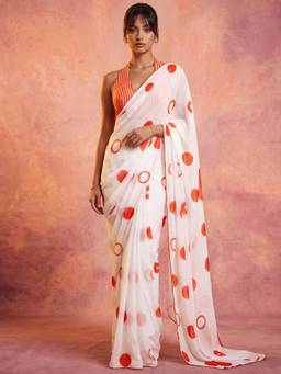 Nyri - Printed White Georgette Pre Draped Saree