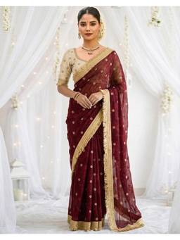 Nyri - Sequins Work Maroon Tissue Silk Saree