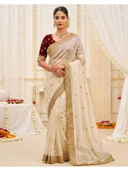 Nyri - Sequins Work Off White Tissue Silk Saree