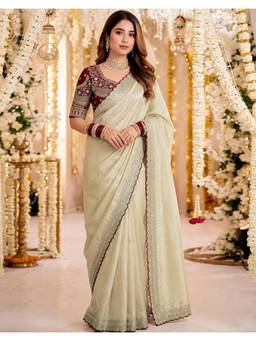 Nyri - Sequins Embroidery Beige Silk Saree