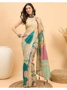 Nyri - Printed Beige Shimmer Linen Saree
