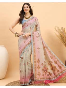 Nyri - Printed Light Beige Shimmer Linen Saree