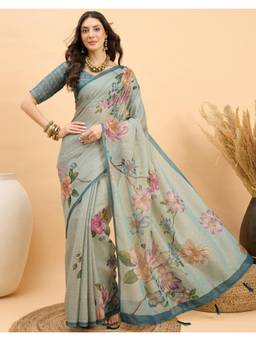 Nyri - Printed Light Blue Shimmer Linen Saree