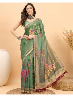 Nyri - Printed Light Mint Green Shimmer Linen Saree