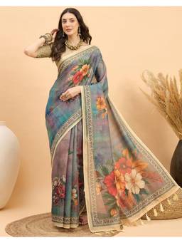Nyri - Printed Blue Shimmer Linen Saree
