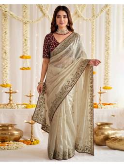 Nyri - Sequins Embroidery Off White Tissue Silk Saree