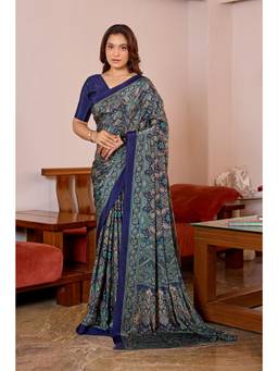 Nyri - Womens Blue Daily Wear Printed Crepe Saree