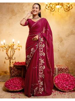 Nyri - Embroidery Dark Cherry Red Shimmer Georgette Saree