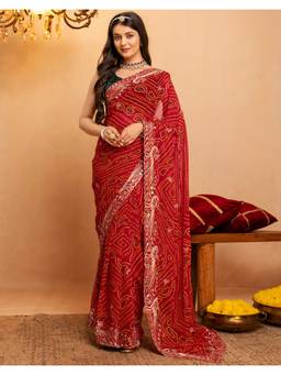 Nyri - Bandhani Printed Dark Red Georgette Saree