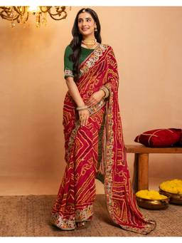 Nyri - Bandhani Printed Red Georgette Saree