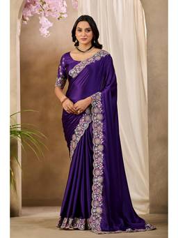 Nyri - Womens Purple Lace Border Embroidery Satin Party Wear Saree