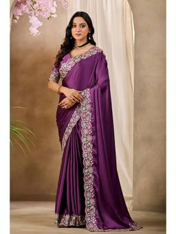 Nyri - Womens Wine Lace Border Embroidery Satin Party Wear Saree