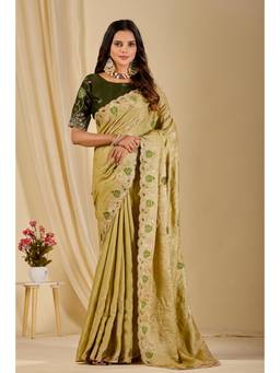 Nyri - Womens Green Lace Border Embroidery Satin Party Wear Saree