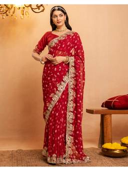 Nyri - Bandhani Printed Dark Red Georgette Saree