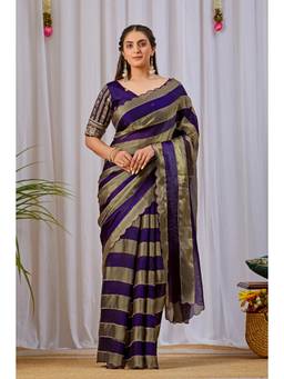 Nyri - Womens Purple Lace Border Embellished Satin Party Wear Saree