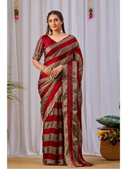 Nyri - Womens Maroon Lace Border Embellished Satin Party Wear Saree