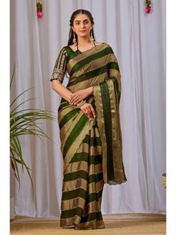 Nyri - Womens Olive Lace Border Embellished Satin Party Wear Saree