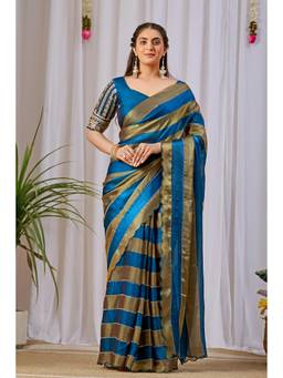 Nyri - Womens Blue Lace Border Embellished Satin Party Wear Saree