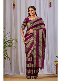 Nyri - Womens Wine Lace Border Embellished Satin Party Wear Saree