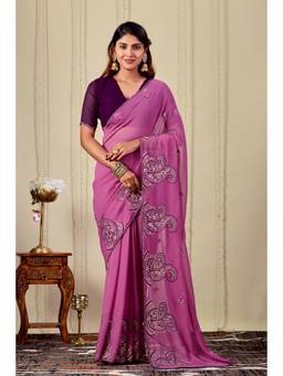 Nyri - Womens Purple Embroidery Lace Border Georgette Party Wear Saree