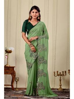 Nyri - Womens Green Embroidery Lace Border Georgette Party Wear Saree