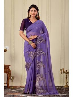 Nyri - Womens Lavender Embroidery Lace Border Georgette Party Wear Saree