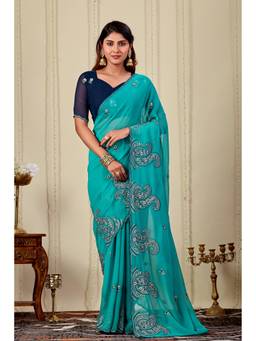 Nyri - Womens Turquoise Embroidery Lace Border Georgette Party Wear Saree