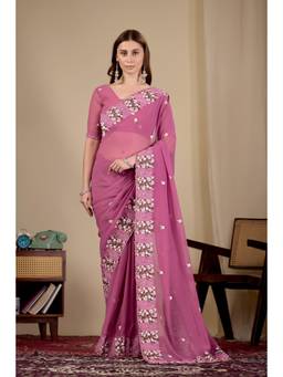 Nyri - Womens Pink Embroidery Lace Border Georgette Party Wear Saree