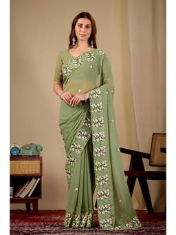 Nyri - Womens Green Embroidery Lace Border Georgette Party Wear Saree