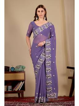 Nyri - Womens Purple Embroidery Lace Border Georgette Party Wear Saree