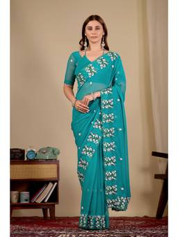 Nyri - Womens Blue Embroidery Lace Border Georgette Party Wear Saree