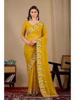 Nyri - Womens Yellow Embroidery Lace Border Georgette Party Wear Saree