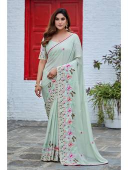 Nyri - Womens Green Embroidery Lace Border Georgette Party Wear Saree