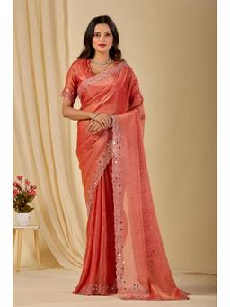 Nyri - Womens Orange Embroidery Satin Mirror Work Party Wear Saree