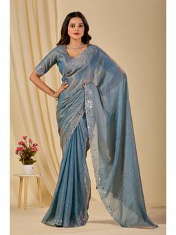 Nyri - Womens Grey Embroidery Satin Mirror Work Party Wear Saree
